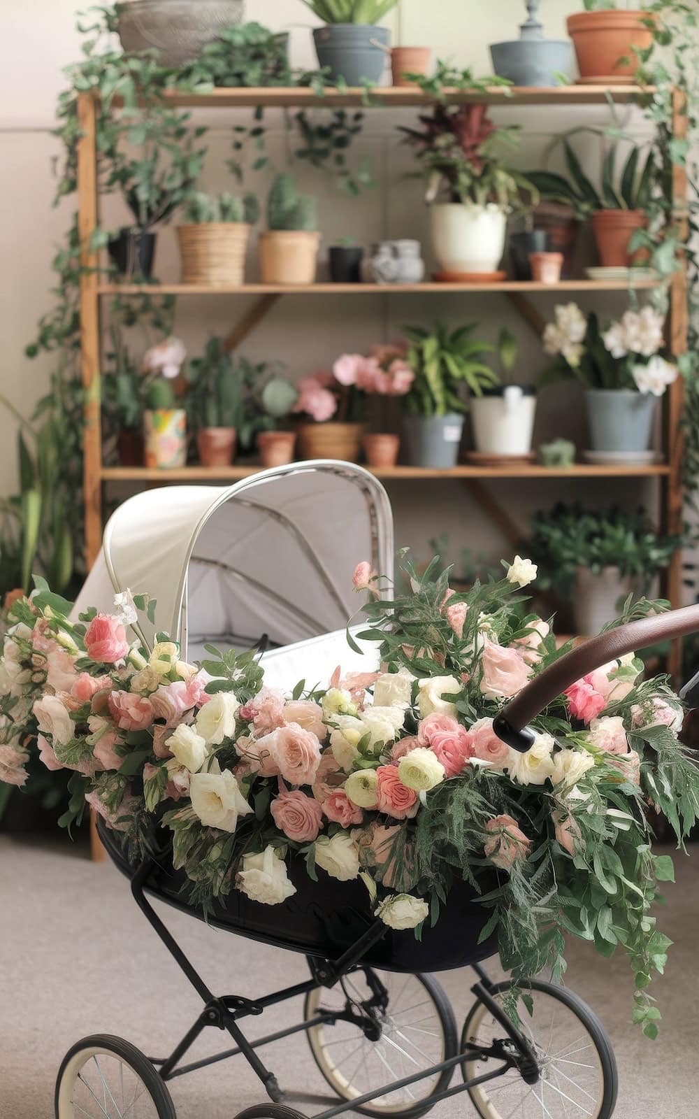 A vintage baby carriage filled with pink and white roses and greenery is placed in front of a wooden shelf, embodying charming spring baby shower themes. The shelf is adorned with various potted plants, creating a lush, garden-like atmosphere.