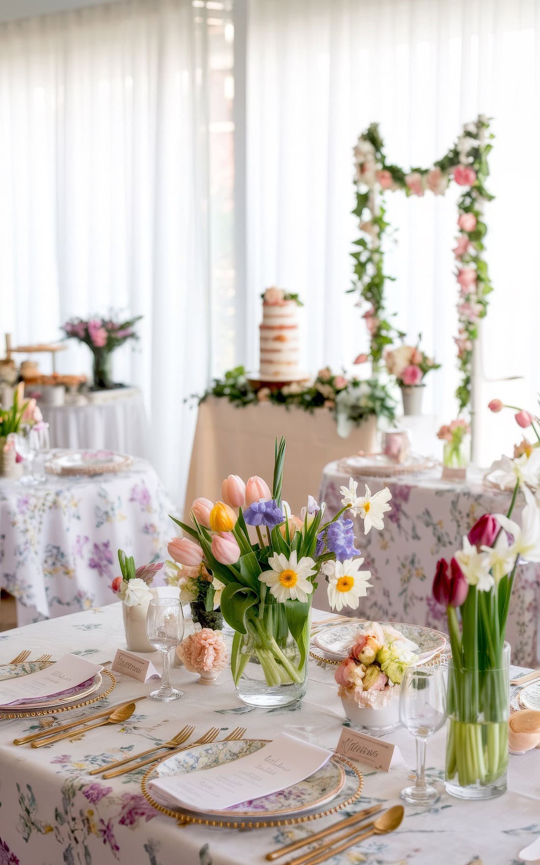 A beautifully decorated room perfect for spring baby shower themes. Tables are set with floral-patterned tablecloths, colorful tulip and daisy centerpieces, elegant place settings, and a tiered cake adorned with flowers in the background.