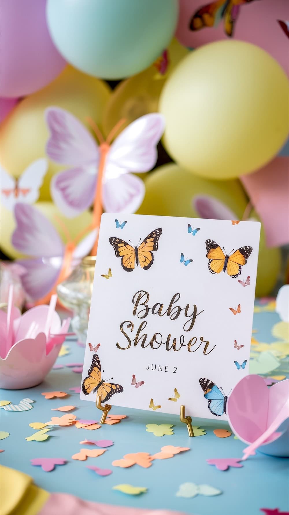 A colorful butterfly 
spring baby shower display features a sign reading "Baby Shower June 2." The table is adorned with butterfly cutouts, pink bowls, and pastel balloons, all capturing the essence of spring baby shower themes. Butterflies are prominent on the sign and surrounding decor.