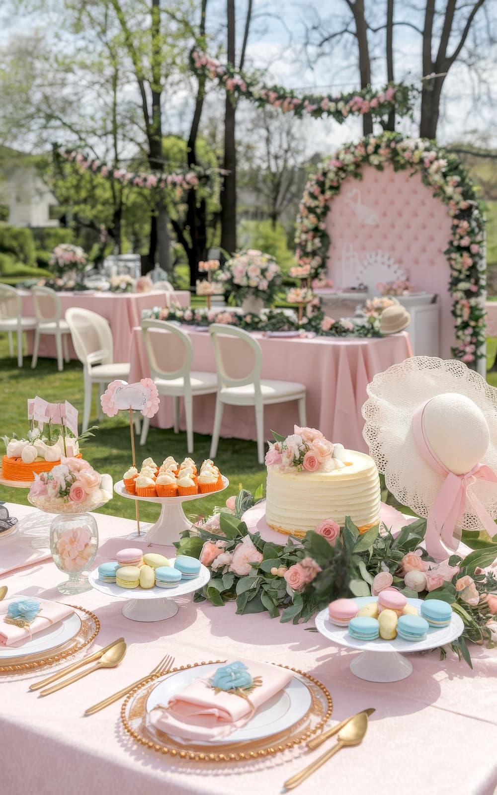 A beautifully decorated outdoor table setting exudes charm with pink tablecloths and floral arrangements, perfect for an easter or spring baby shower themes. Delight in the cakes, macarons, and other desserts displayed alongside white chairs and floral garlands that enhance the festive atmosphere.