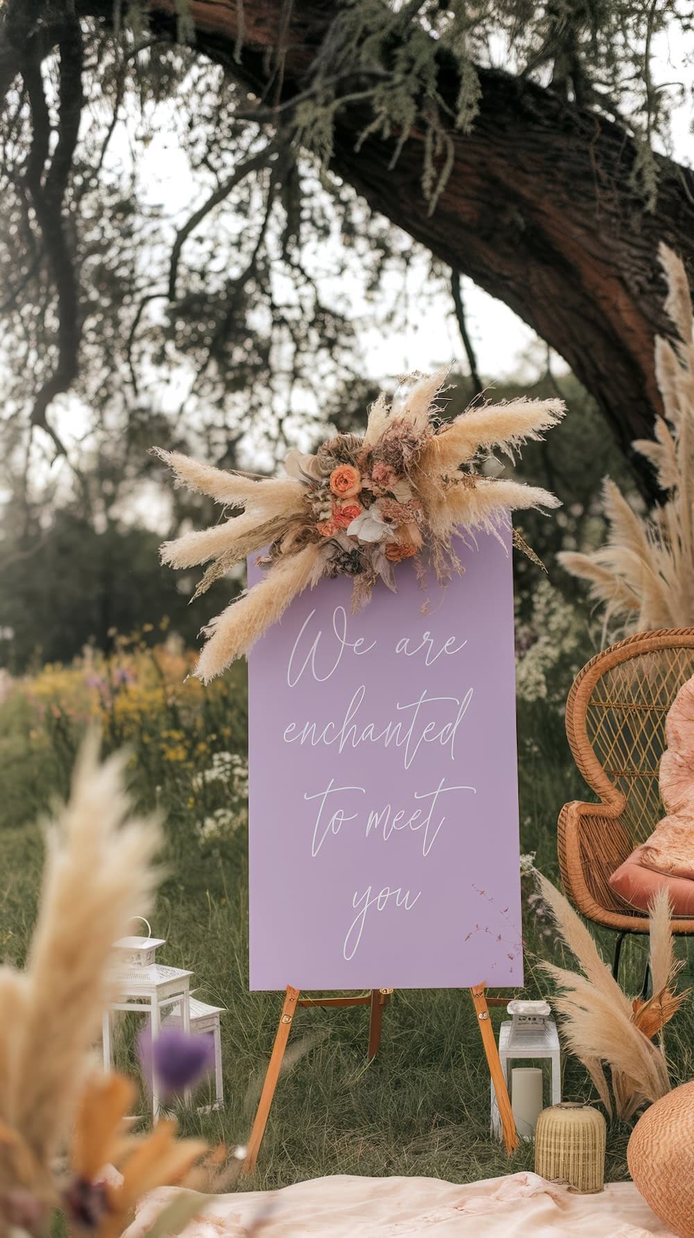 A lavender sign with white script reads, "We are enchanted to meet you," capturing the essence of spring baby shower themes. Adorned with a floral arrangement and set on an easel amidst grass and trees, it complements the nearby wicker chair, pampas grass, and lanterns.