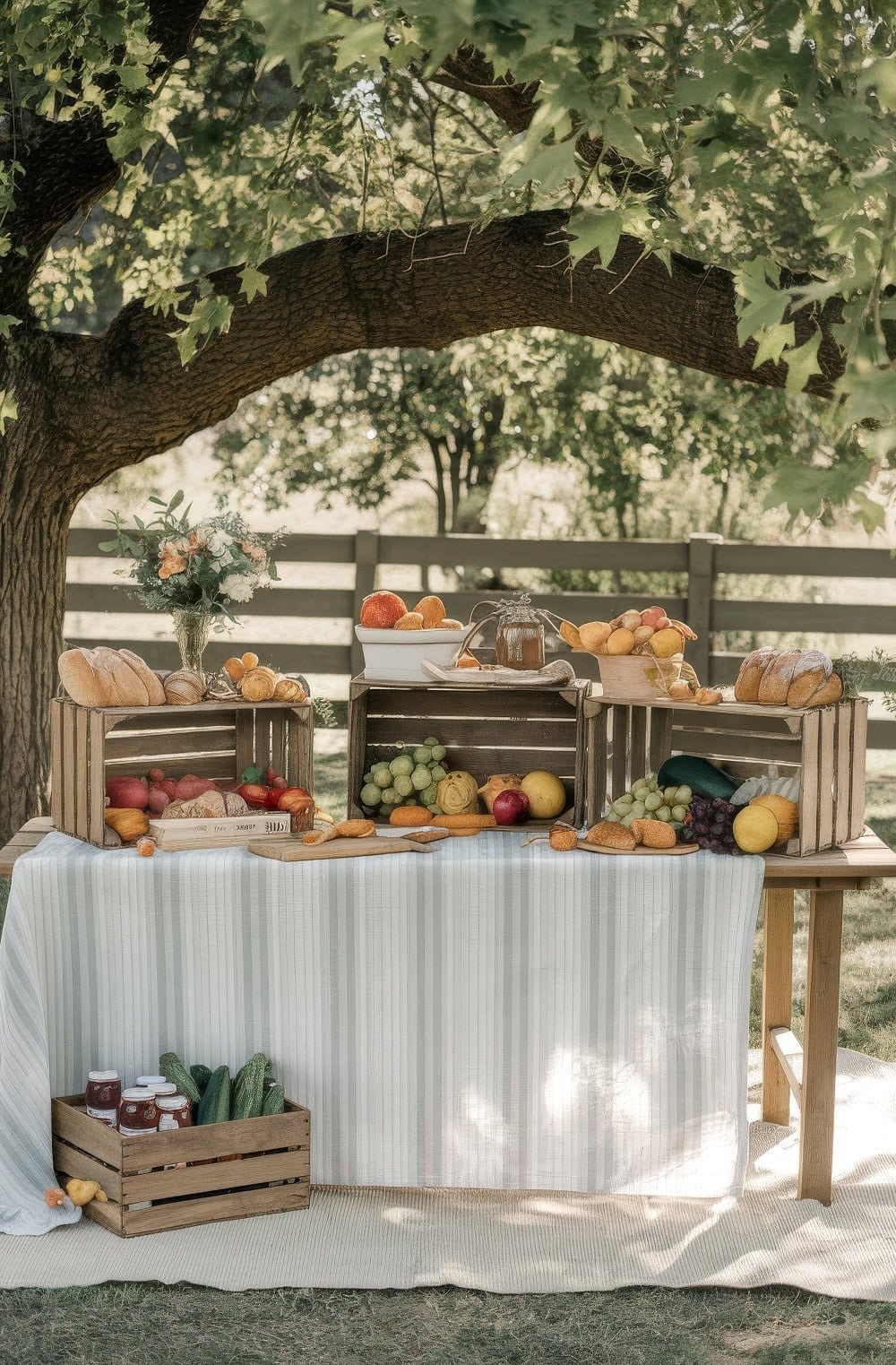 A rustic outdoor farmers market baby shower table under a tree captures the essence of spring baby shower themes. Crates hold loaves, oranges, grapes, and lemons. A striped cloth covers the table, adorned with jars of preserves and cucumbers beneath. A charming picket fence adds to the quaint backdrop.