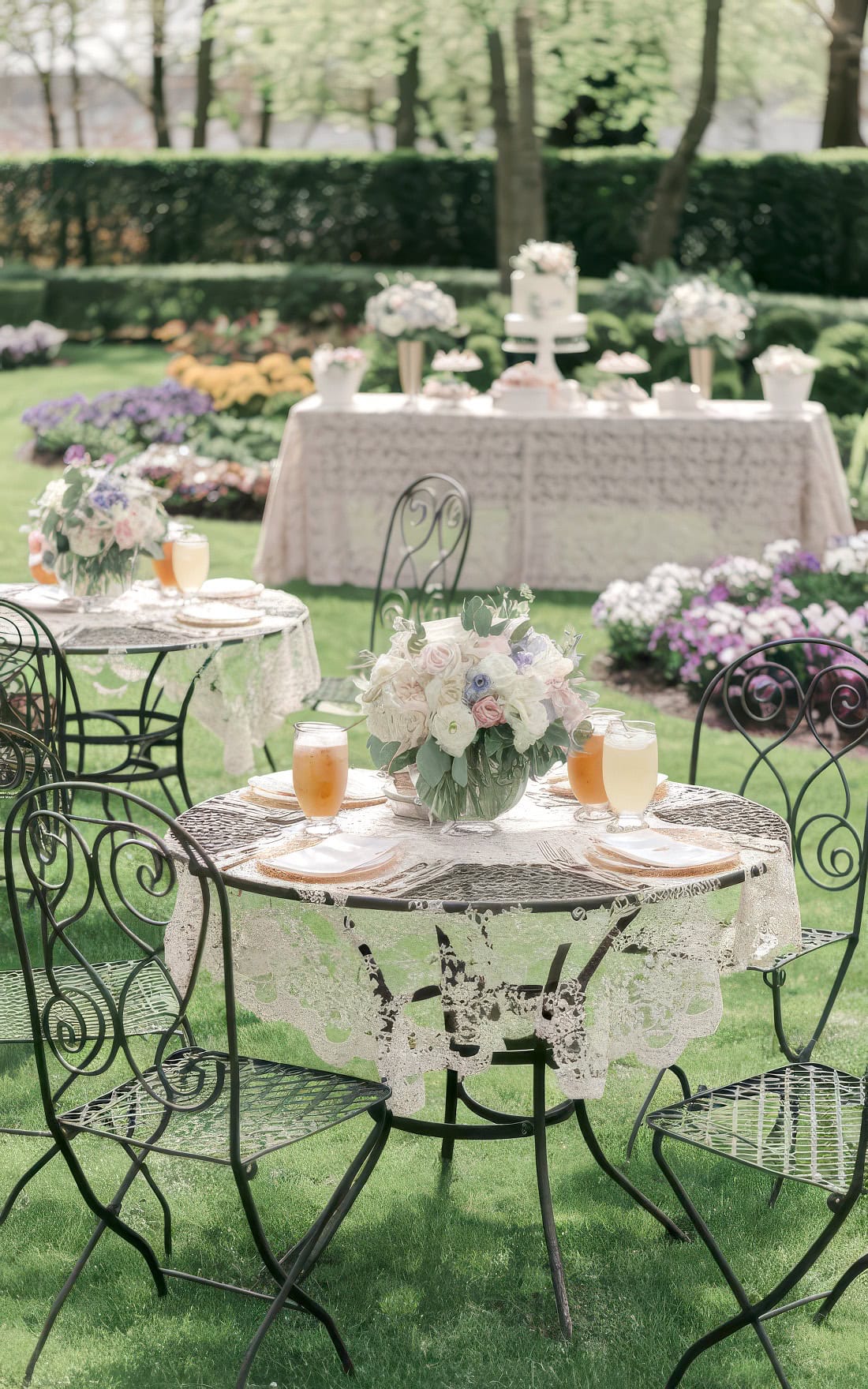 In a garden setting perfect for spring baby shower themes, wrought iron tables draped in lace tablecloths are adorned with floral centerpieces and glasses of iced tea. A long table in the background showcases more intricate floral arrangements and tiered cakes, surrounded by lush flowers and greenery.