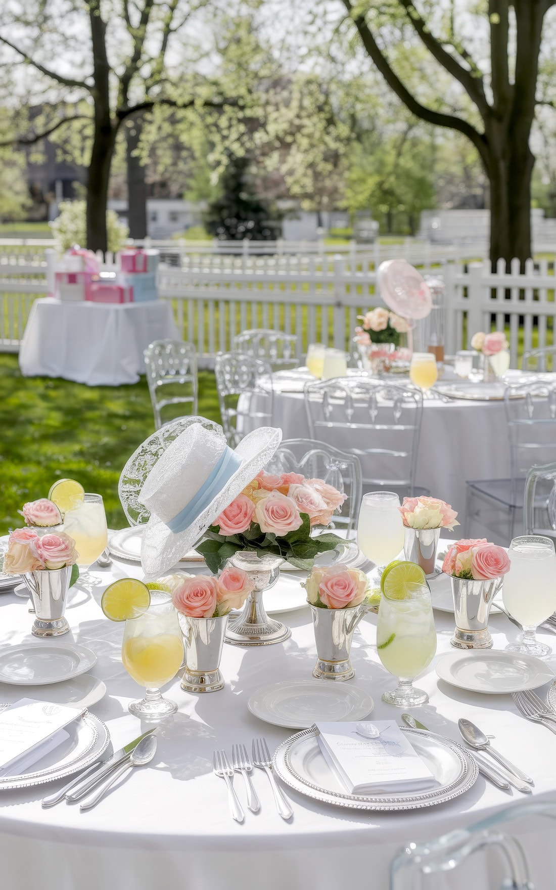 Outdoor Kentucky Derby garden party with elegantly set tables adorned with pink roses, capturing delightful spring baby shower themes. Silver cups filled with lemonade complement the white chairs, while a sun hat rests on one centerpiece. In the background, gift boxes add to the charming scenery.