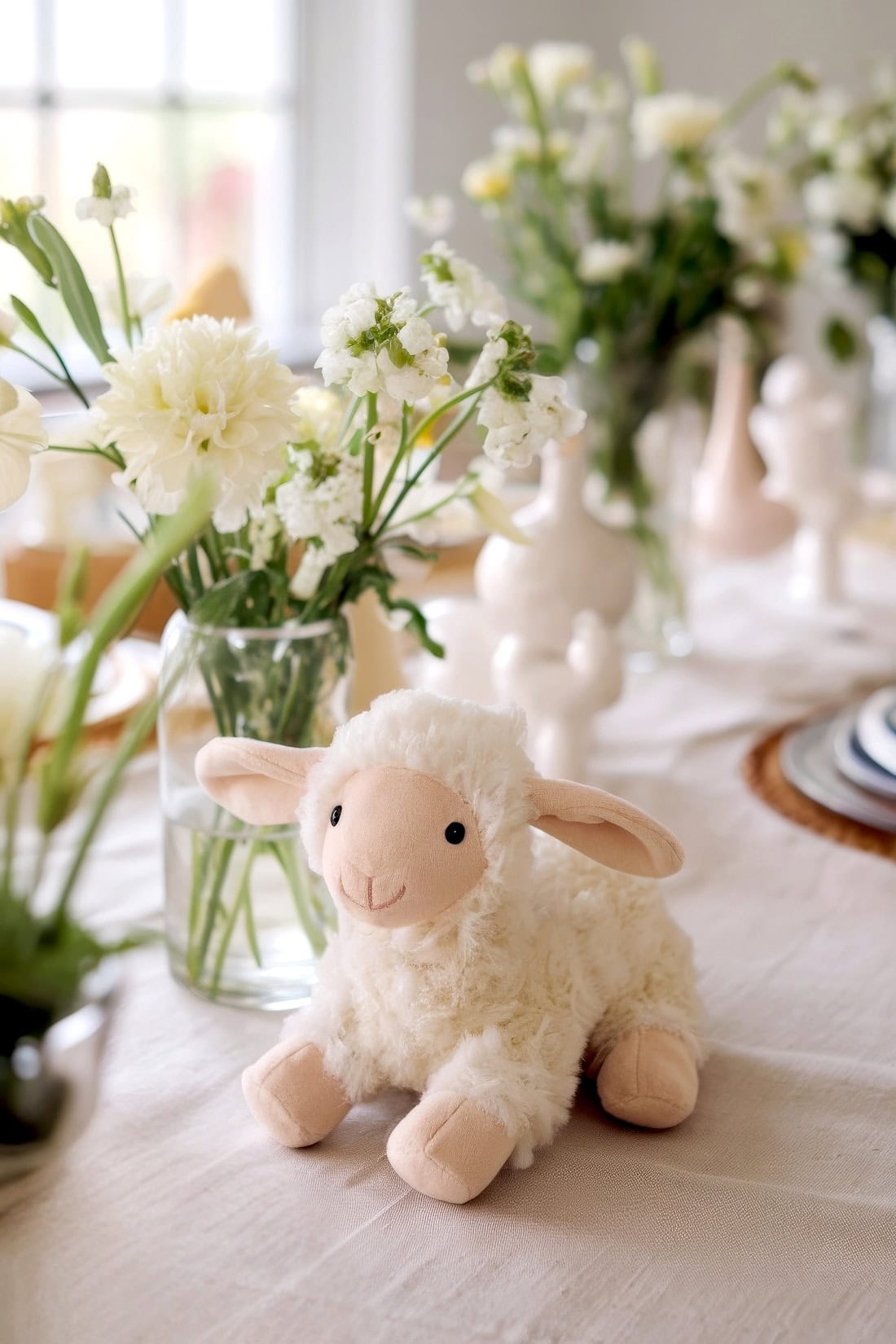 A plush lamb toy sits on a table adorned with white flowers in glass vases, perfect for Welcome Little Lamb spring baby shower themes. Blurred blossoms in the background and soft daylight filtering through the window create a serene atmosphere.