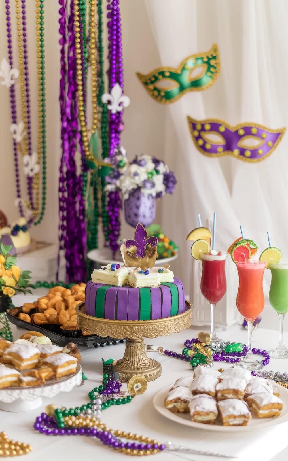 A festive Mardi Gras-themed baby shower table perfect for spring baby shower themes, featuring a cake adorned with a fleur-de-lis, surrounded by colorful beads, masks, pastries, and vibrant drinks. Decor includes purple, green, and gold elements to enhance the celebratory atmosphere.