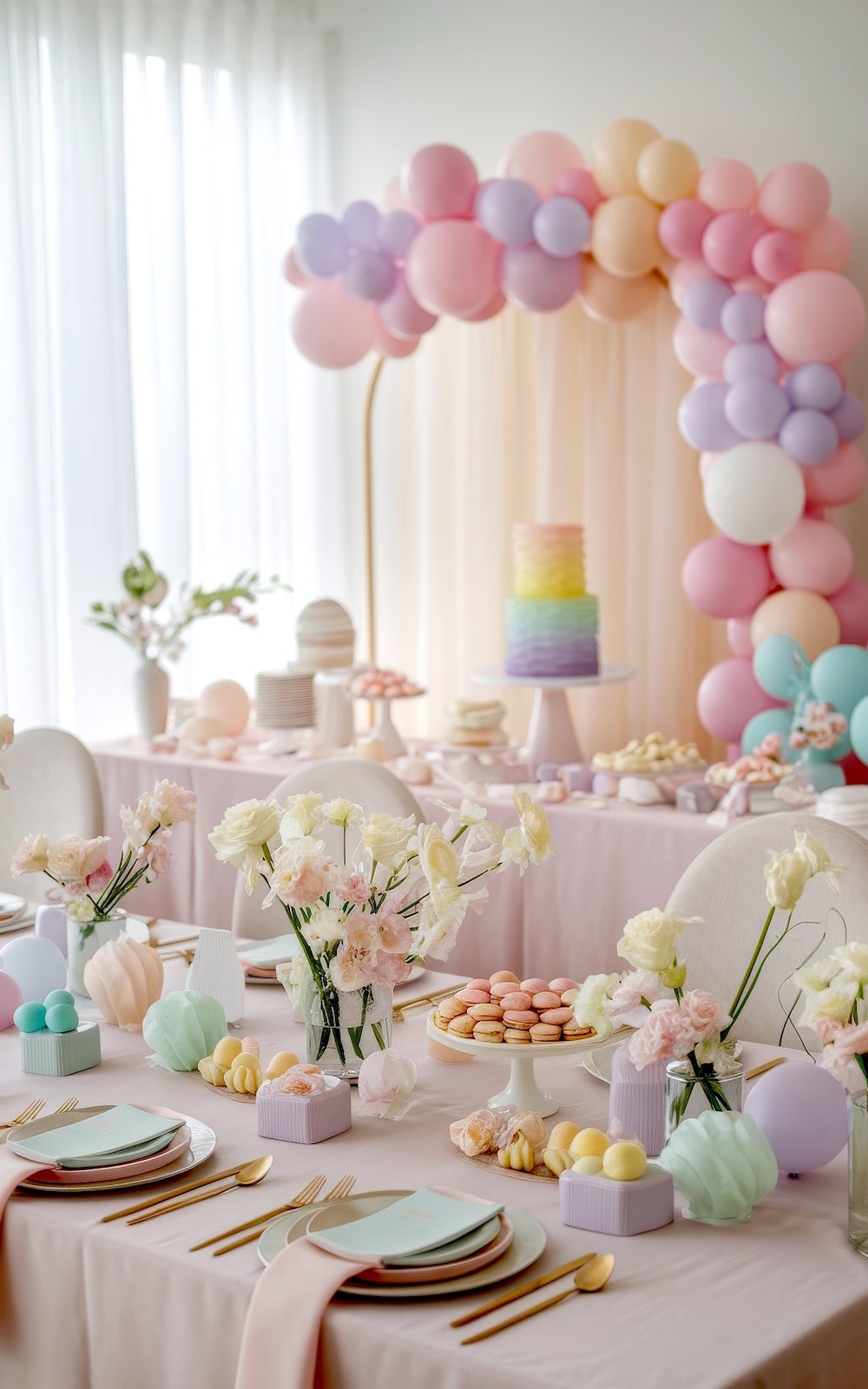 A pastel-themed baby shower party table brimming with spring baby shower charm features elegant place settings, flowers, candies, and a tiered rainbow cake. A balloon arch in soft pink, purple, blue, and peach hues decorates the background as bright natural light streams in from a nearby window.