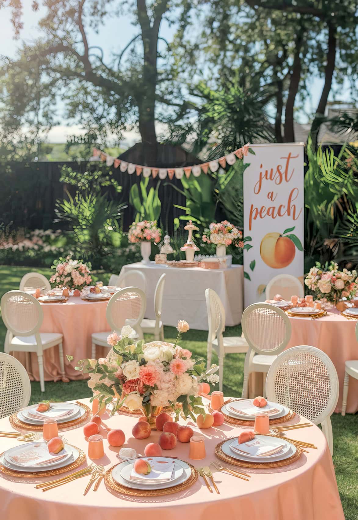 A delightful spring baby shower theme with a peach-themed decor sets the scene. Round tables, draped in peach-colored cloths, feature charming peach centerpieces. A sign whimsically reads "just a peach." White chairs circle the tables, nestled amidst lush greenery and trees for a serene backdrop.