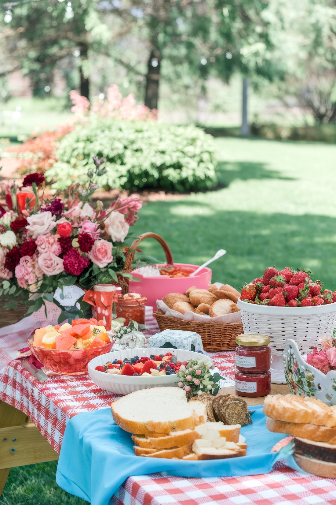 A picnic table, perfect for spring baby shower themes, is covered with a red and white checkered cloth, showcasing bread, fruit, and jams. A large bouquet of colorful flowers adorns the table. In the background, a lush green park with trees and bushes completes this charming setting.