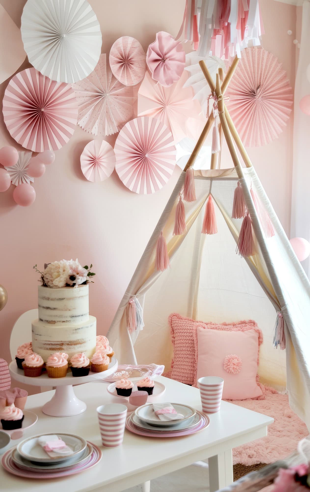 A cozy room decorated for a spring baby shower features pink and white paper fans on the wall. Beside a table set with pink cupcakes and a two-tiered cake, a small white teepee with pink tassels adds charm. Plates and cups are neatly arranged, ready for the boho baby shower theme celebration.