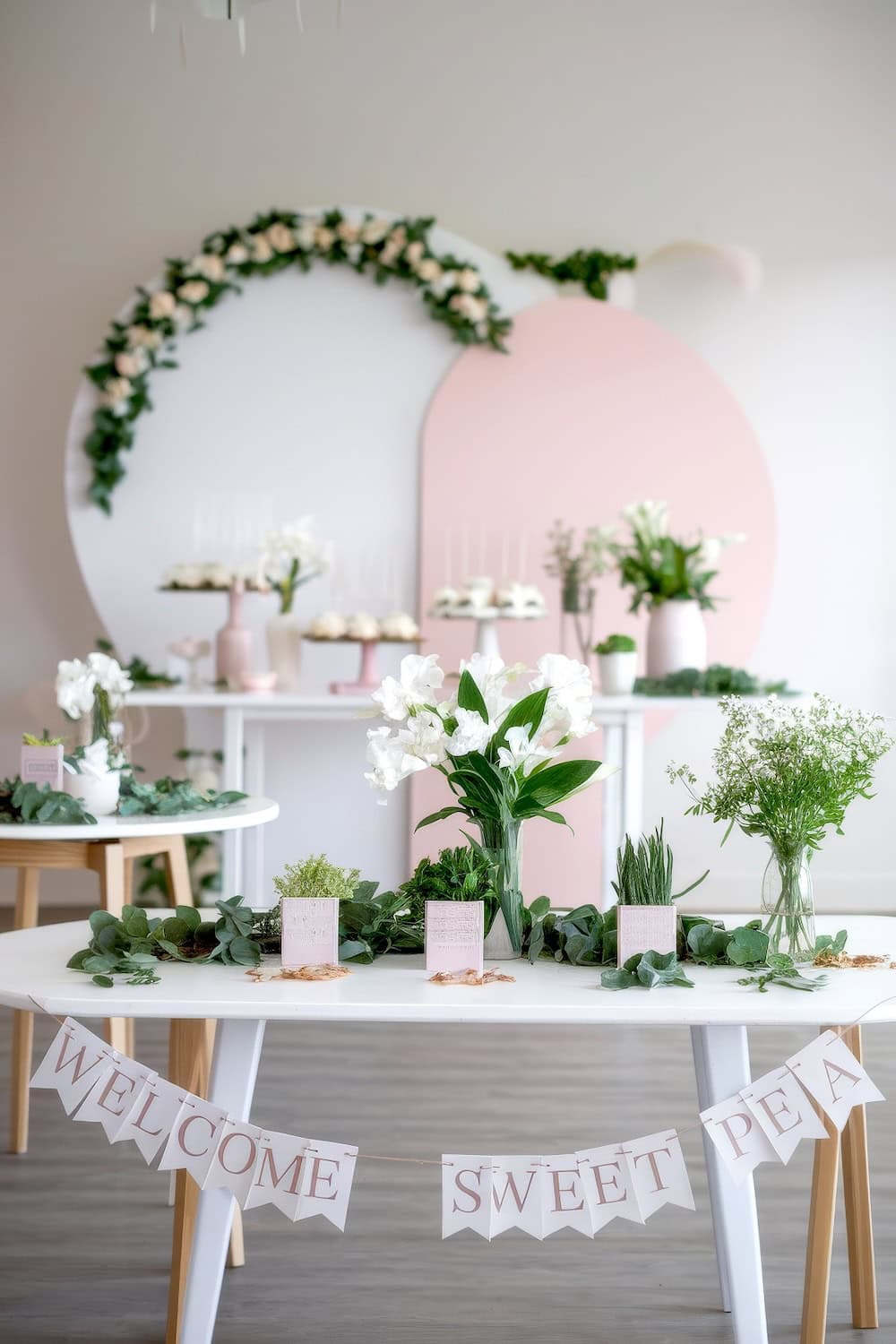 A pastel-themed spring baby shower setup features a "Welcome Sweet Pea" banner. The scene includes floral arrangements, greenery on tables, and a backdrop with a large pink and white circle adorned with flowers, capturing the essence of spring baby shower themes.