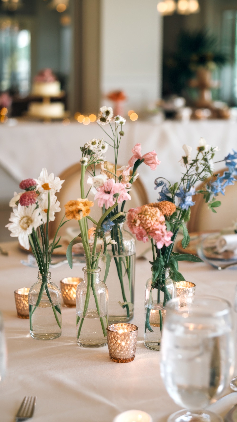 Vases with colorful wildflowers and small candles adorn a dining table, set with glassware. In the background, tall cakes are displayed on a table. The elegant setting, infused with touches of spring baby shower themes, suggests a festive or wedding event.