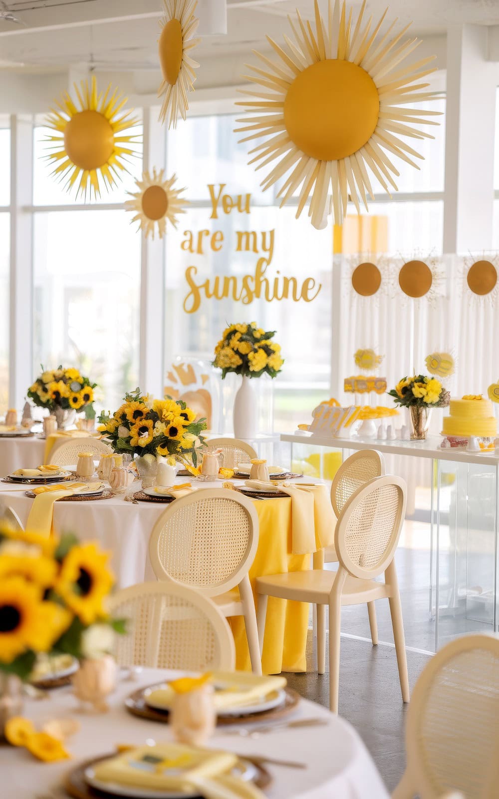 A Bright and cheerful You Are My Sunshine baby shower, this spring baby shower theme features a sunflower-themed party with tables set with yellow and white decor, sun-shaped wall hangings, and a "You are my Sunshine" sign. Sunflower centerpieces adorn the tables creating a sunny, welcoming atmosphere.