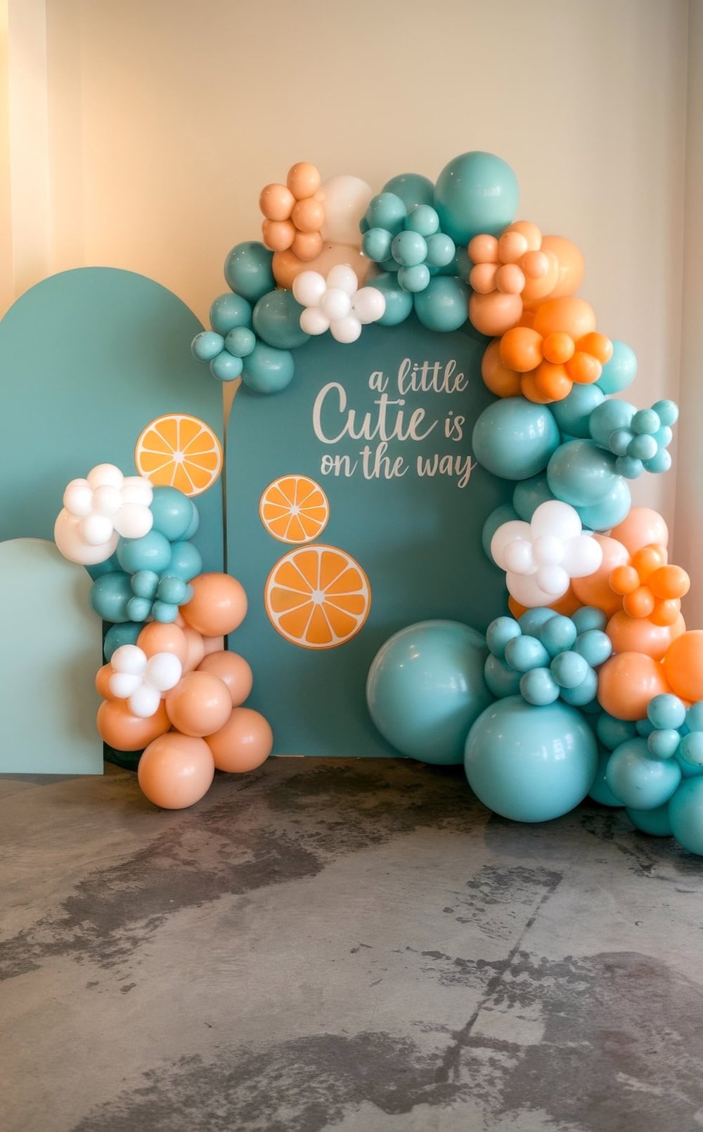 A vibrant balloon arch with orange, teal, and white balloons beautifully frames a backdrop adorned with orange slice designs and the words "a little cutie is on the way" in white text. Perfect for anyone seeking little cutie baby shower ideas, this stunning display brightens any well-lit room.