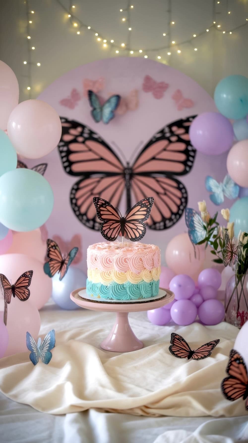 A pastel-themed cake with pink and blue layers sits on a pink stand. It is topped with a butterfly decoration, making it perfect for a butterfly baby shower. Colorful balloons and a large butterfly backdrop surround the cake, creating a whimsical atmosphere.