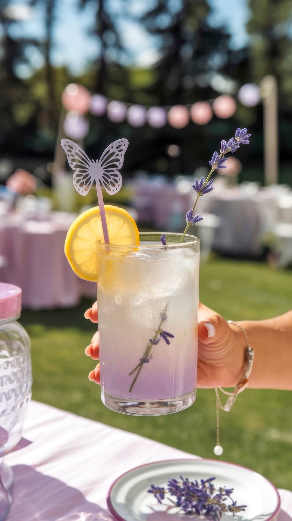 A hand holds a tall glass of lavender lemonade garnished with a lemon slice, a sprig of lavender, and a butterfly-themed stirrer—perfect for butterfly baby shower ideas. The scene features picnic tables and pastel balloons in an enchanting outdoor setting.