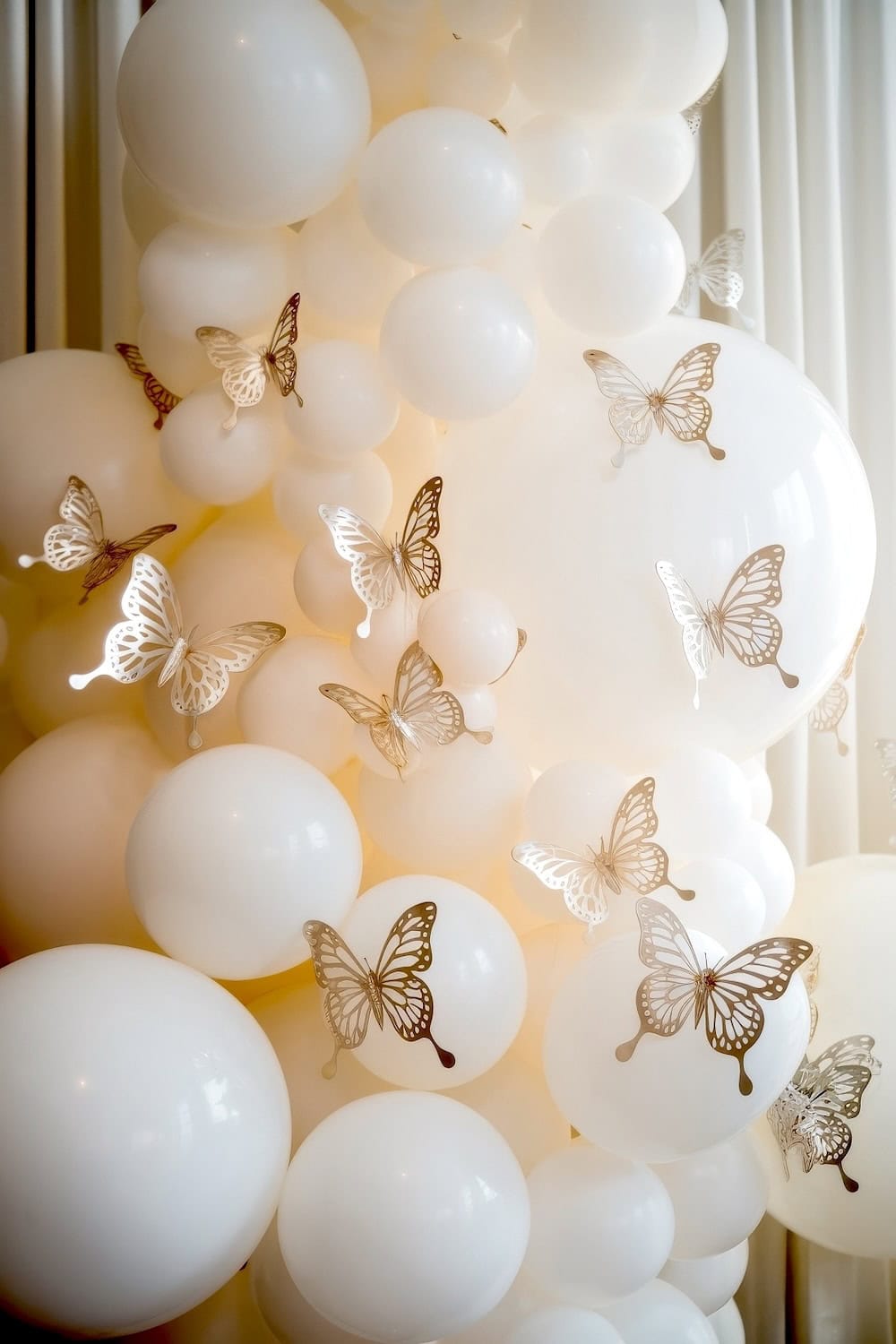 A cluster of white balloons adorned with delicate, gold butterfly cutouts creates a whimsical atmosphere, perfect for butterfly baby shower ideas, set against a softly lit background with elegant vertical drapes.