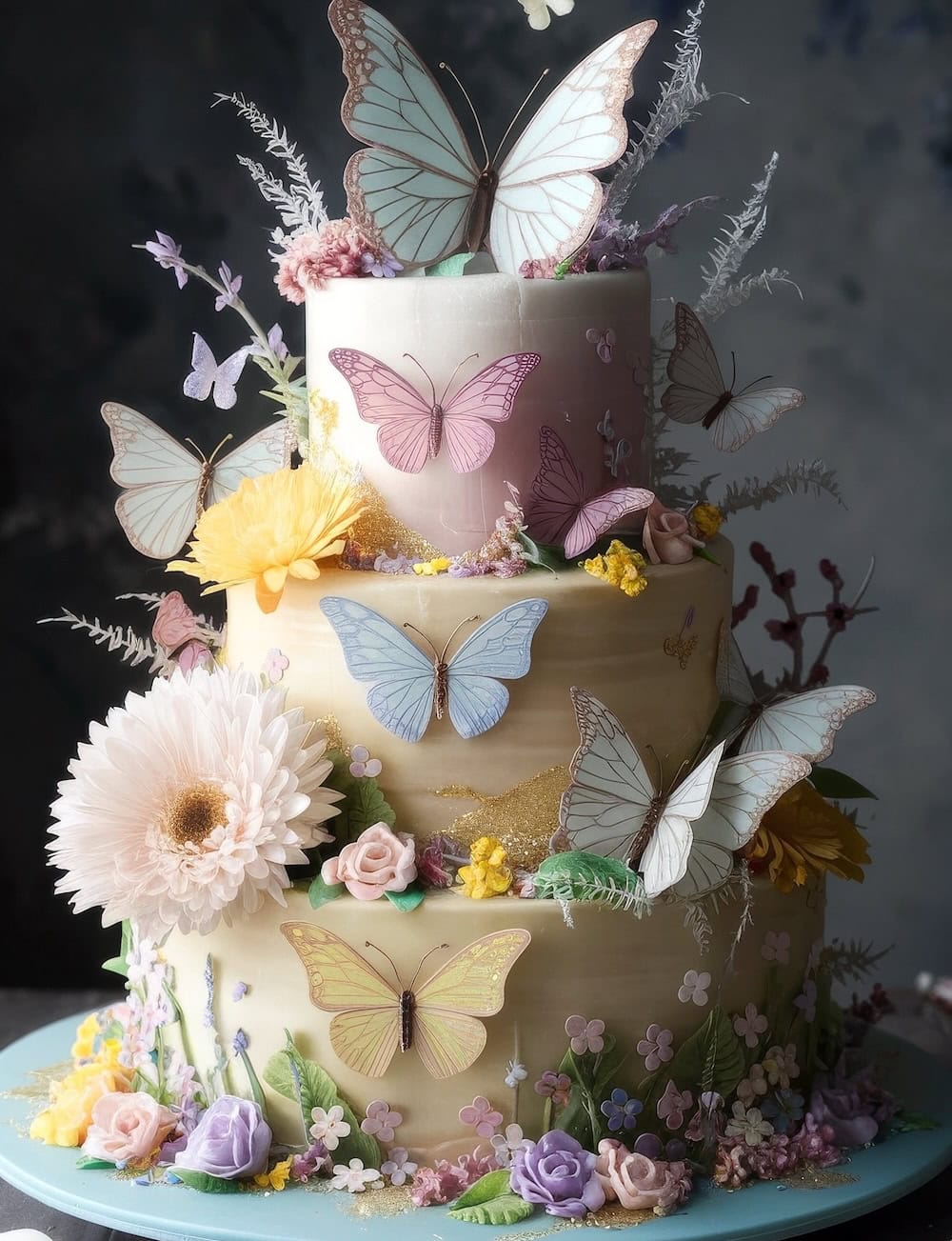 A three-tiered cake adorned with pastel butterflies and flowers makes a stunning centerpiece for a butterfly baby shower. The cake features intricate floral designs, including roses and daisies, against a soft background. Delicate butterflies in pink, blue, and yellow are perched on the cake.