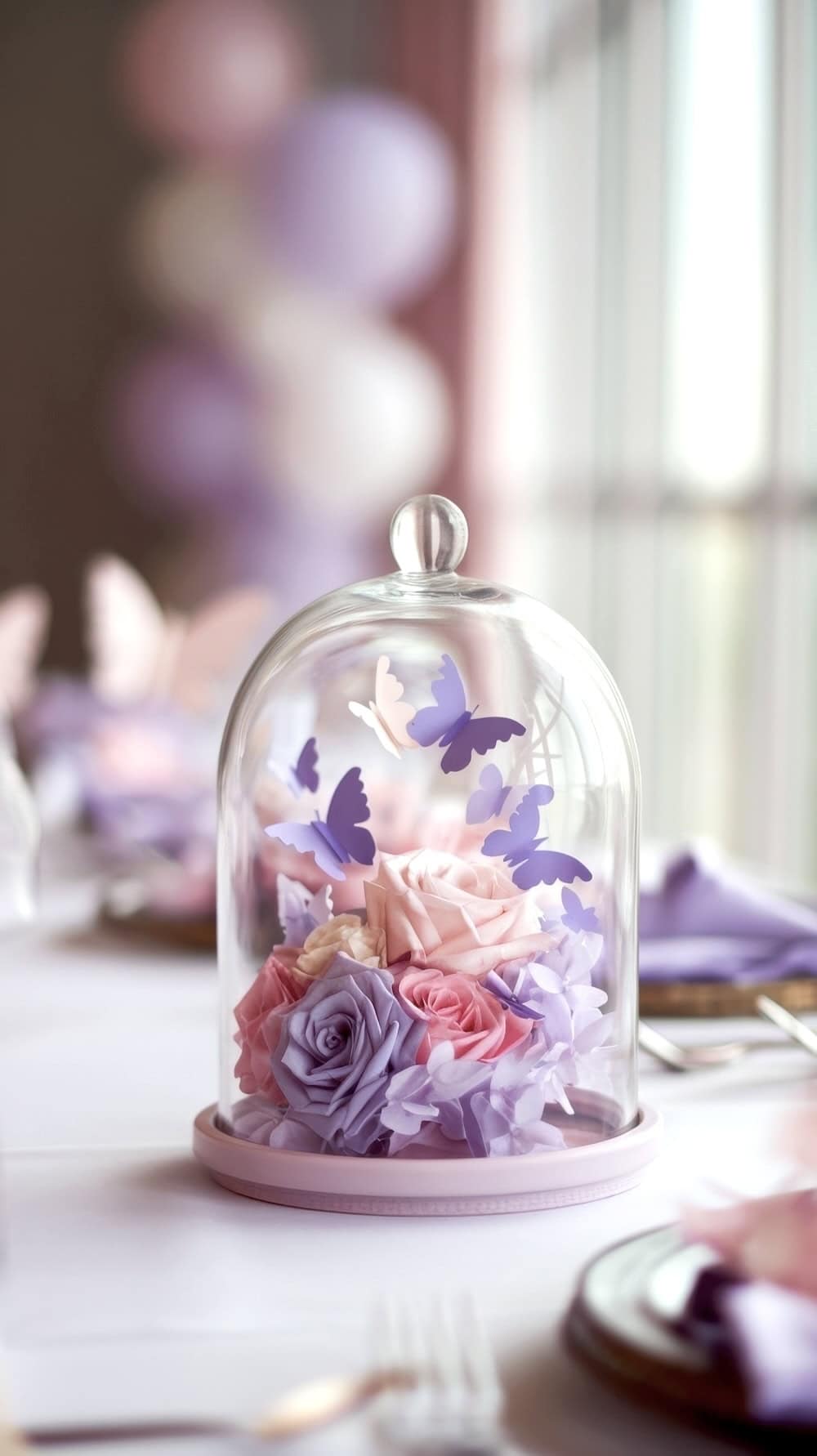 A decorative glass dome centerpiece featuring pastel pink and purple roses, surrounded by purple paper butterflies, perfect for butterfly baby shower ideas. It's set on a table, suggesting a soft, elegant ambiance with blurred balloons in the background.
