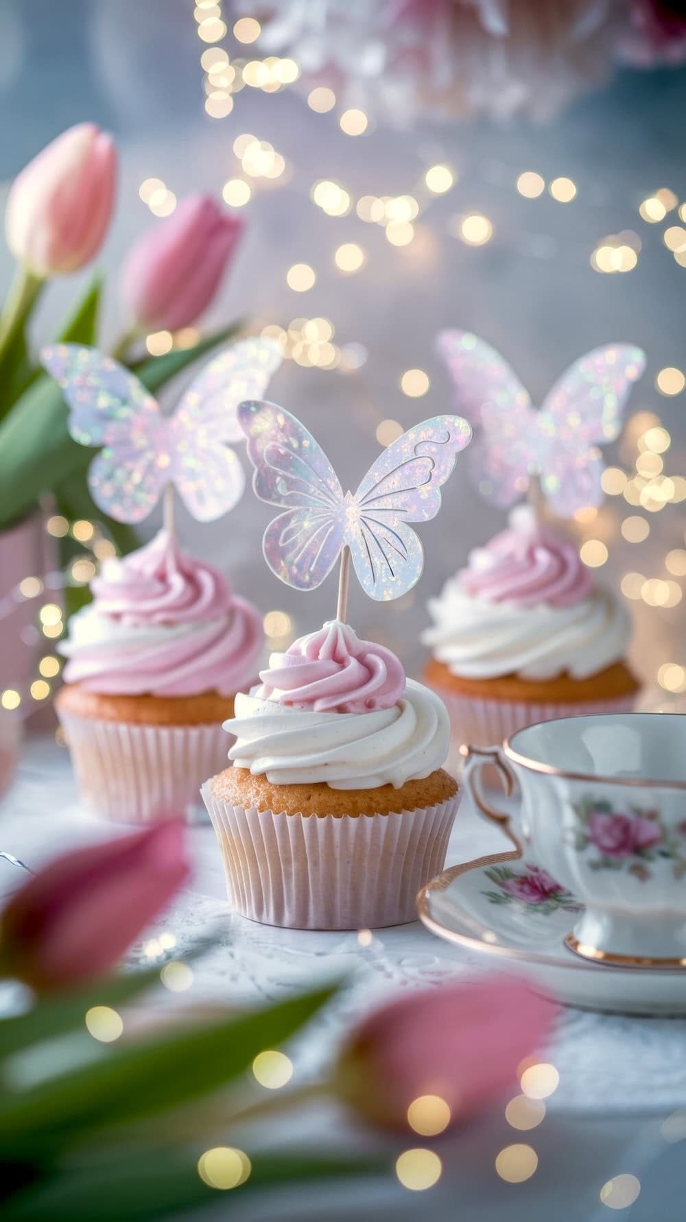 Cupcakes topped with pink and white swirled frosting and glittery butterfly decorations create a whimsical butterfly baby shower idea. Pink tulips and a floral teacup are in the background, with soft fairy lights enhancing the dreamy, elegant atmosphere.