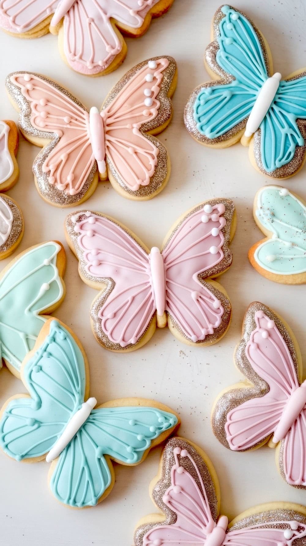 A delightful collection of butterfly-shaped cookies, perfect for a baby shower. Each is adorned with pastel pink, teal, and lavender icing. Some cookies sparkle with added glittery details, all elegantly arranged on a white background.