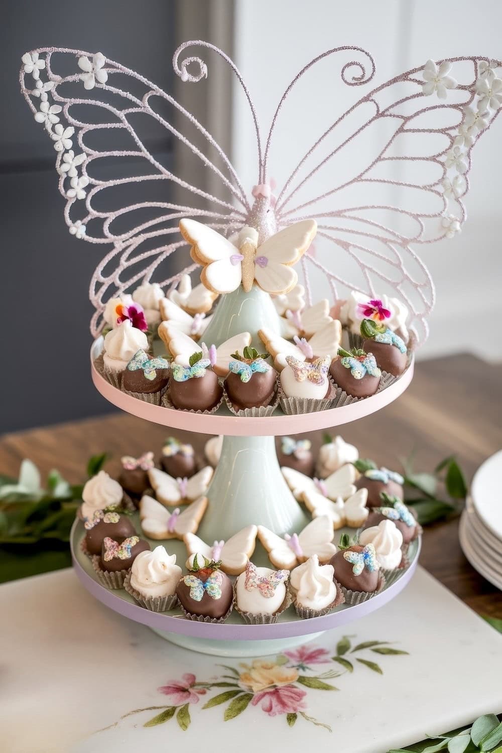 A two-tiered dessert stand shaped like a butterfly, perfect for a butterfly baby shower. It’s adorned with various cupcakes and chocolate-covered treats among decorative butterflies and flowers, all set on a white platter with a floral design.