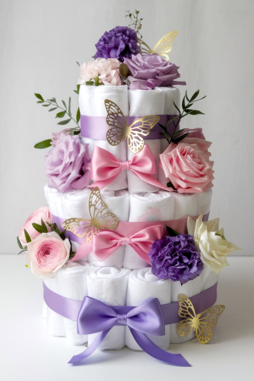 A three-tier diaper cake adorned with pink and purple ribbons, artificial roses, peonies, and charming butterfly decorations perfect centerpiece for a butterfly baby shower. Greenery accents are interspersed throughout, creating a soft, elegant appearance.