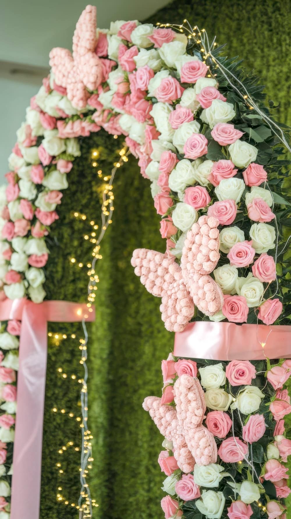 A floral arch adorned with pink and white roses and decorative butterflies crafted from petals sets the stage for a charming butterfly baby shower. Wrapped in pink ribbon and illuminated with string lights, it beautifully contrasts against a lush, green leafy background.