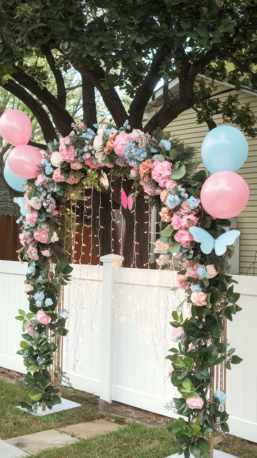 A decorative arch adorned with pink and blue flowers, balloons, and string lights is perfect for butterfly baby shower ideas. A white butterfly cutout gracefully rests on the arch, all set against a backdrop of trees and a white fence.