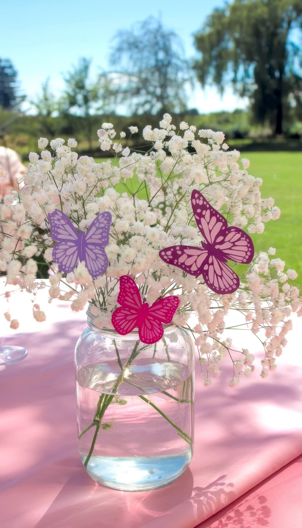 A jar filled with water holds delicate white flowers, perfect for a butterfly baby shower. Three paper butterflies in purple and pink grace the bouquet. The jar sits atop a pink tablecloth, set against a lush green lawn and blurred trees in the backdrop.