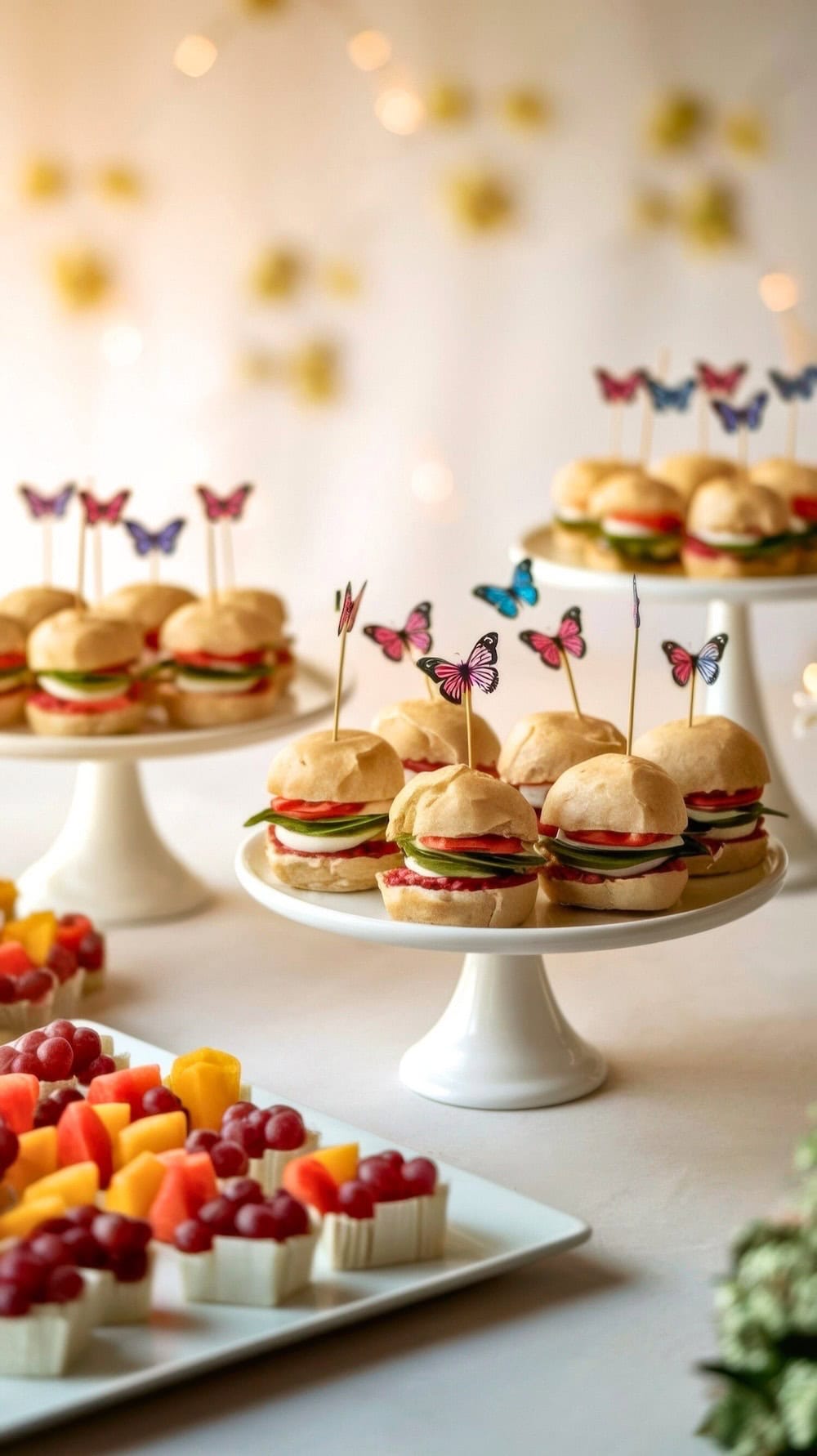 Mini burgers with butterfly picks on cake stands, perfect for a butterfly-themed baby shower, are accompanied by fruit skewers and cubes on white platters. In the background, soft, warm fairy lights enhance the festive atmosphere.