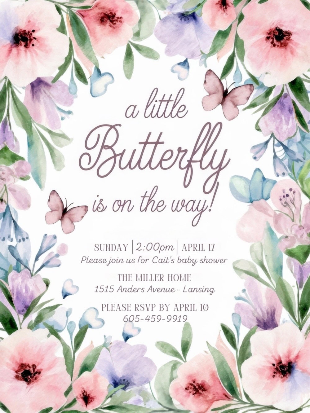 Charming butterfly baby shower invitation adorned with watercolor flowers and delicate butterflies. Text reads: "A little butterfly is on the way!" Event details include date, time, location, and RSVP information.