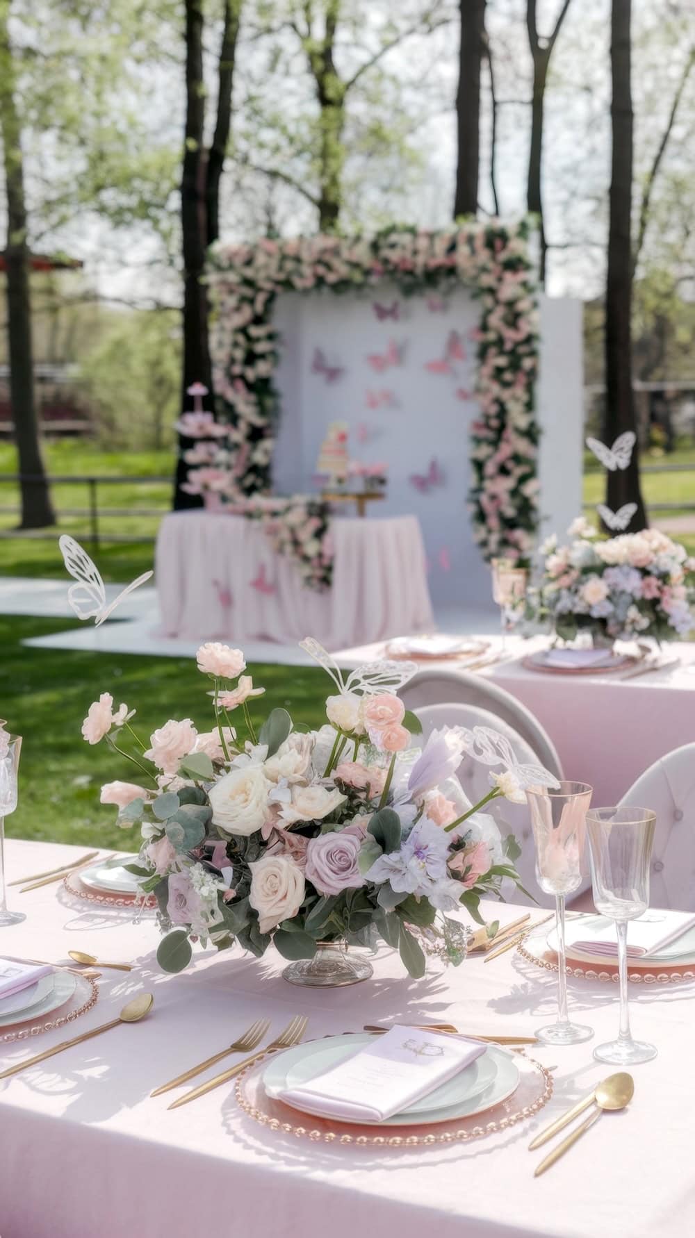 Elegant outdoor garden party setup with tables draped in soft pink linens, adorned with pastel floral centerpieces perfect for a butterfly baby shower. A floral archway and butterfly decorations enhance the backdrop, creating a light and romantic atmosphere.