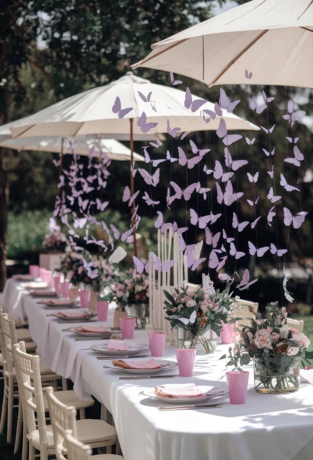 Elegant outdoor table setting perfect for butterfly baby shower ideas, with white tablecloths, pink cups, and floral arrangements in pink and lavender hues. Delicate purple butterflies hang from above. White umbrellas provide shade, and trees are blurred in the background.