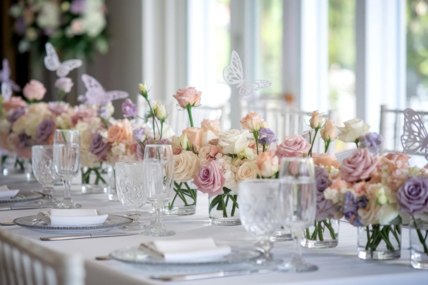 A beautifully set table for a butterfly baby shower, adorned with elegant floral arrangements of pastel roses, hydrangeas, and delicate white butterflies. Crystal glasses and white plates are neatly arranged, all bathed in natural light from large windows—perfect ideas for a charming celebration.