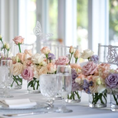 Elegant table setting with glassware, surrounded by flower arrangements in soft pastel shades of pink, purple, and white roses, perfect for a butterfly-themed baby shower. Delicate butterfly decorations flutter amidst the blooms, while bright windows in the background provide natural lighting for lovely butterfly baby shower ideas.