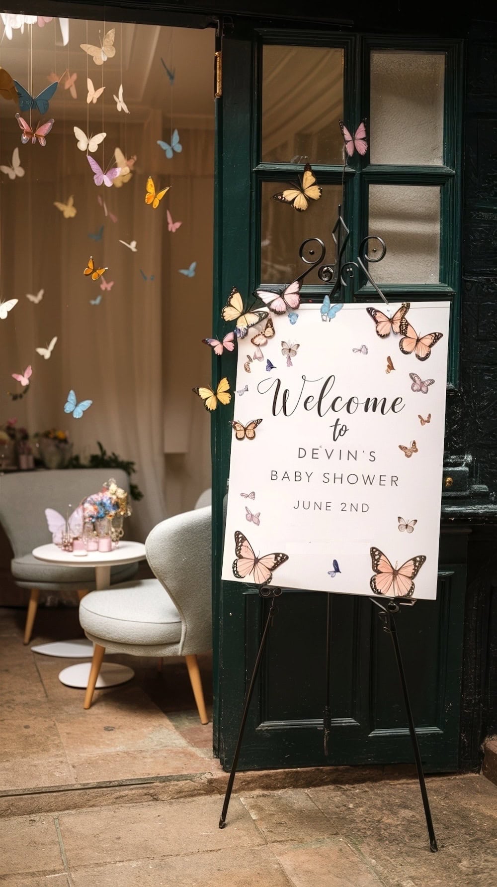 A sign on an easel warmly welcomes guests to Devin's butterfly-themed baby shower on June 2nd. Adorned with colorful paper butterflies, the scene continues inside with soft chairs and a beautifully decorated table, creating a cozy and elegant atmosphere.