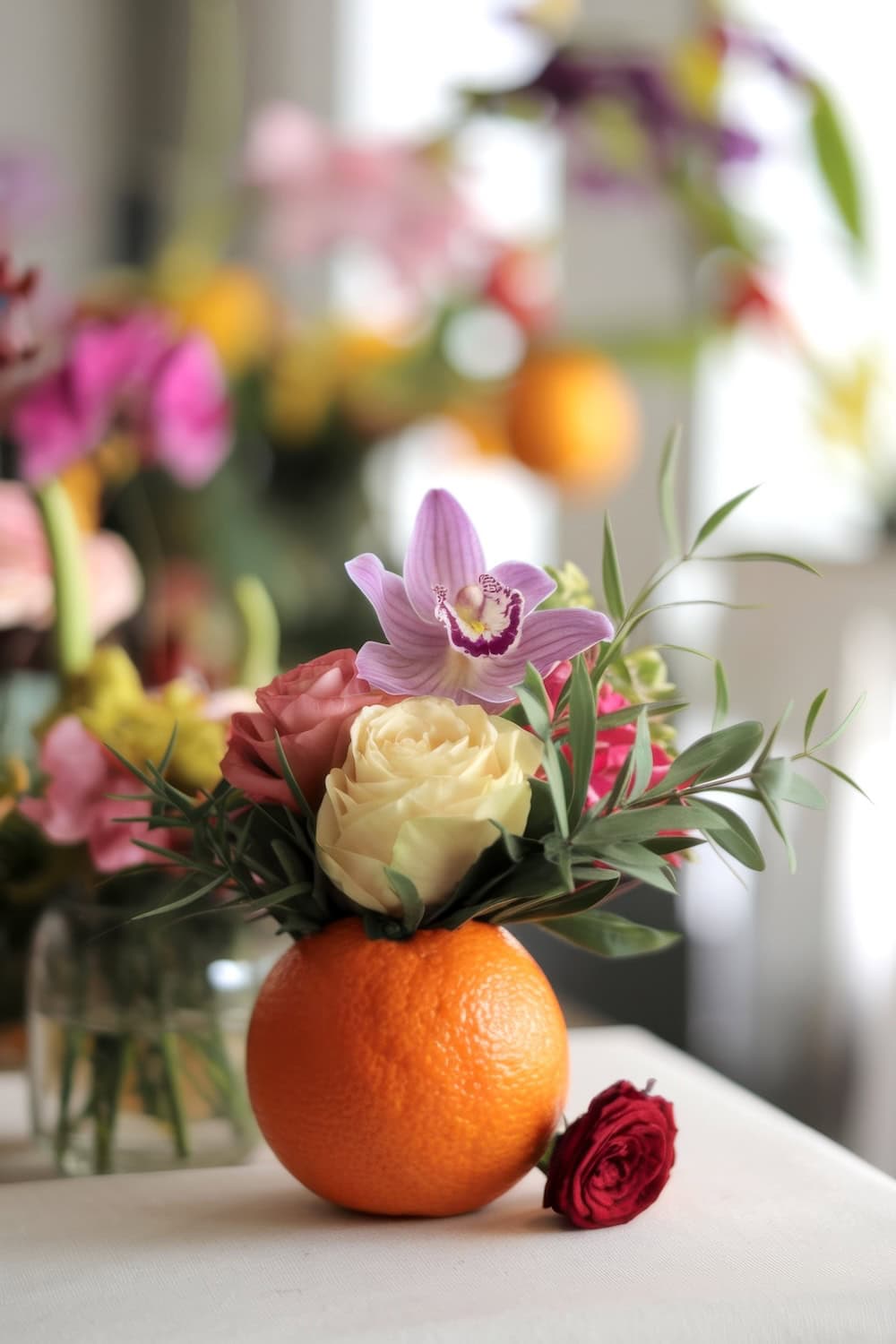 A small floral arrangement in an orange, perfect for little cutie baby shower ideas, features a purple orchid, pale pink and cream roses, and green leaves. A red rose rests beside the orange while brightly colored flowers are softly blurred in the background.