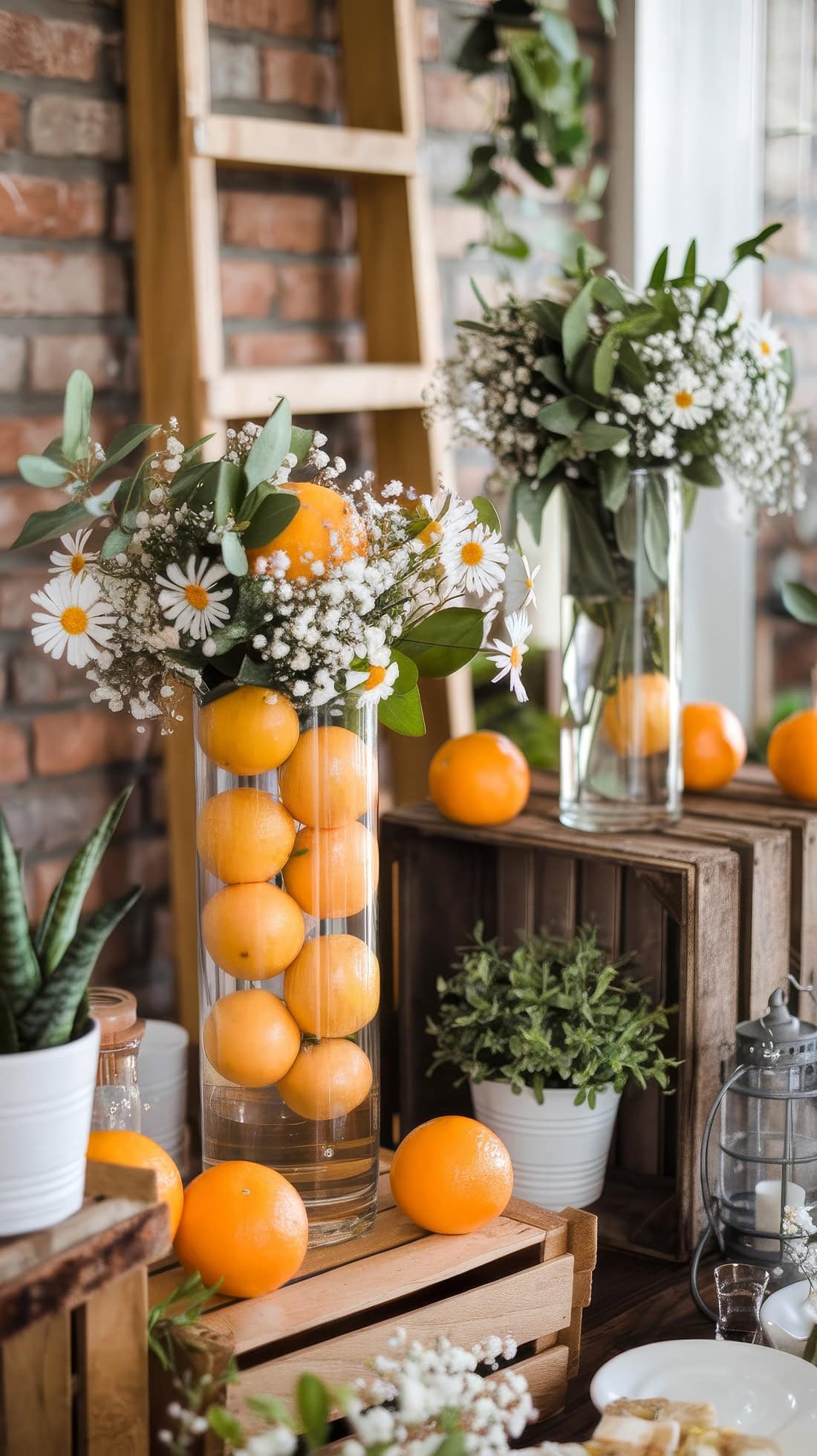 Tall glass vases filled with oranges, daisies, and baby's breath are set on wooden crates for charming little cutie baby shower ideas. Additional oranges and small potted plants, including succulents, enhance the arrangement against a brick wall backdrop with a wooden ladder.