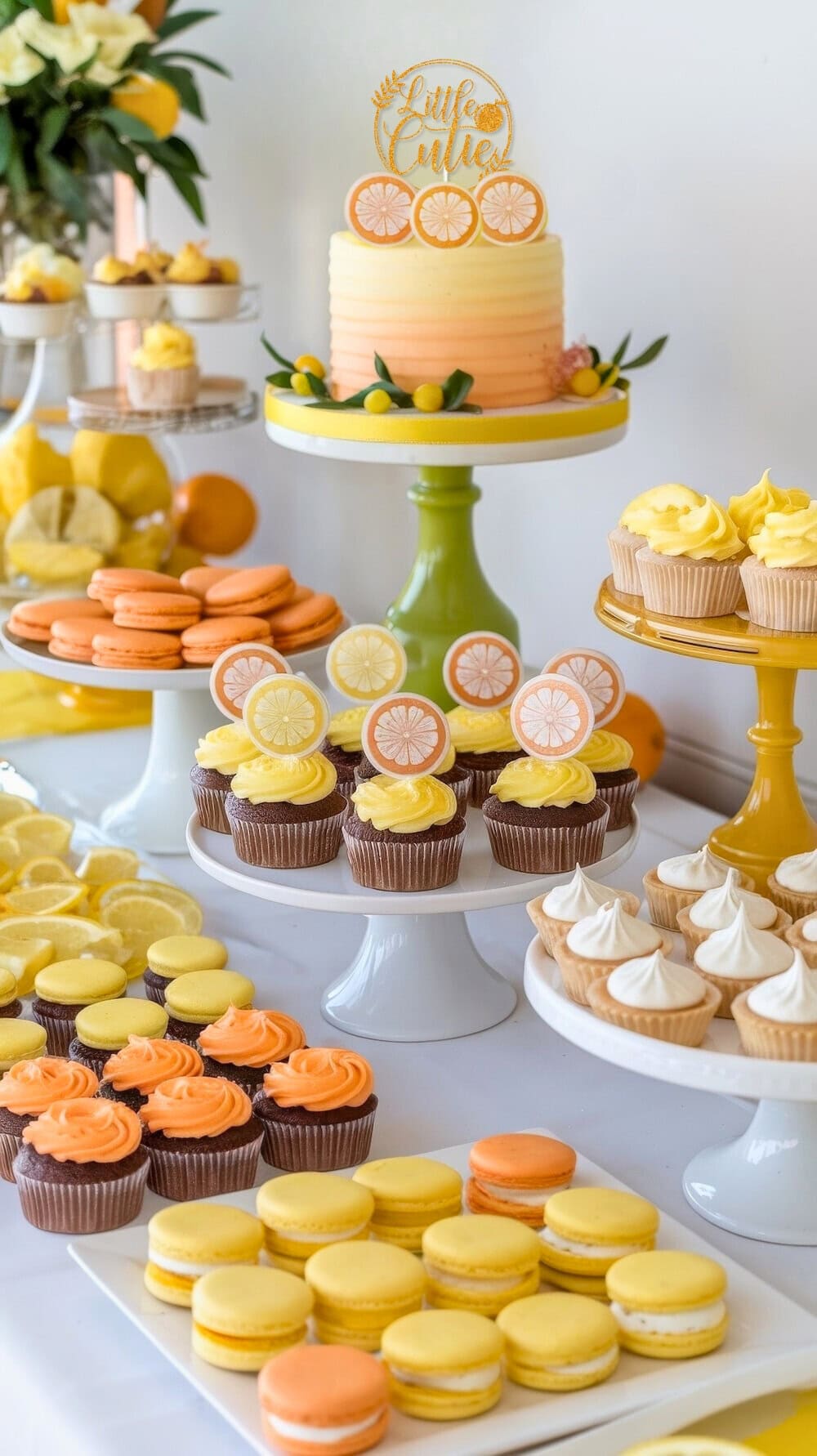 A dessert table showcases a variety of citrus-themed delights, perfect for little cutie baby shower ideas. It includes a cake adorned with "cutie" toppers, orange and yellow macarons, lemon meringue tarts, and cupcakes garnished with citrus swirls. A charming floral arrangement graces the background.