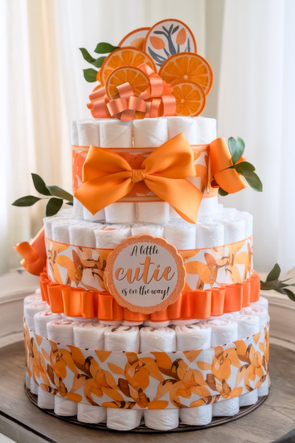A three-tier diaper cake adorned with orange ribbons, bows, and cut-out slices creates a charming centerpiece for little cutie baby shower ideas. Accented with green leaves, it features a sign saying "A little cutie is on the way!" and sits gracefully on a wooden table by the window.