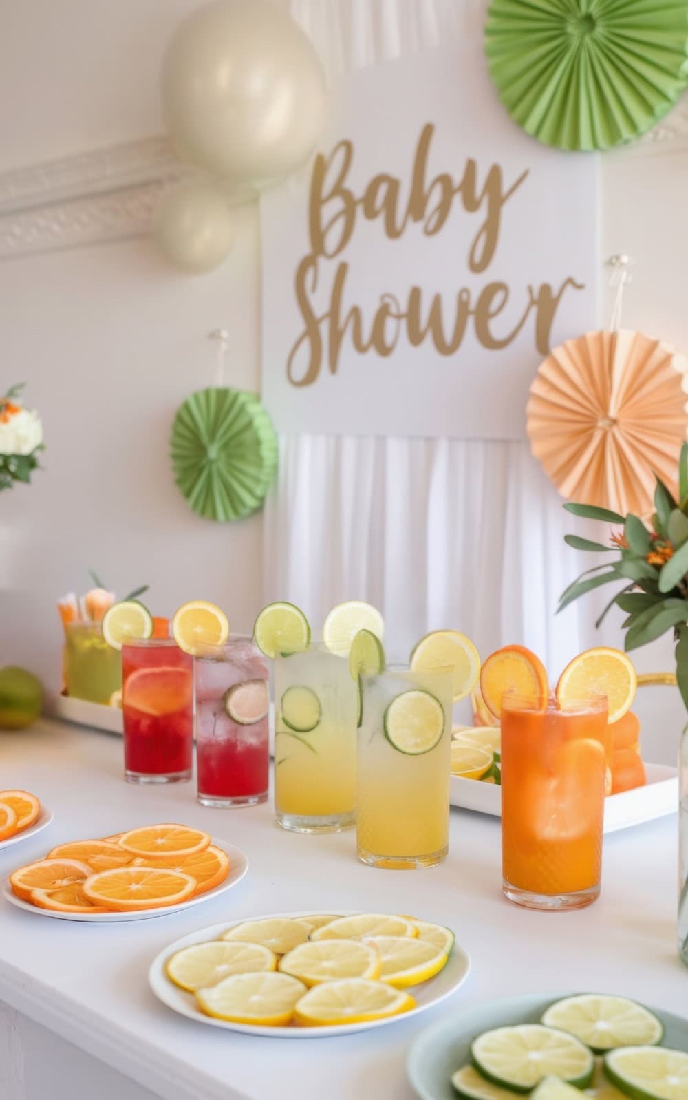 Colorful fruit drinks lined up on a table at a little cutie baby shower, each garnished with slices of lemon, lime, or orange. Plates of sliced citrus fruits are in the foreground, complementing the sweet theme. Decorative signs and balloons adorn the background.