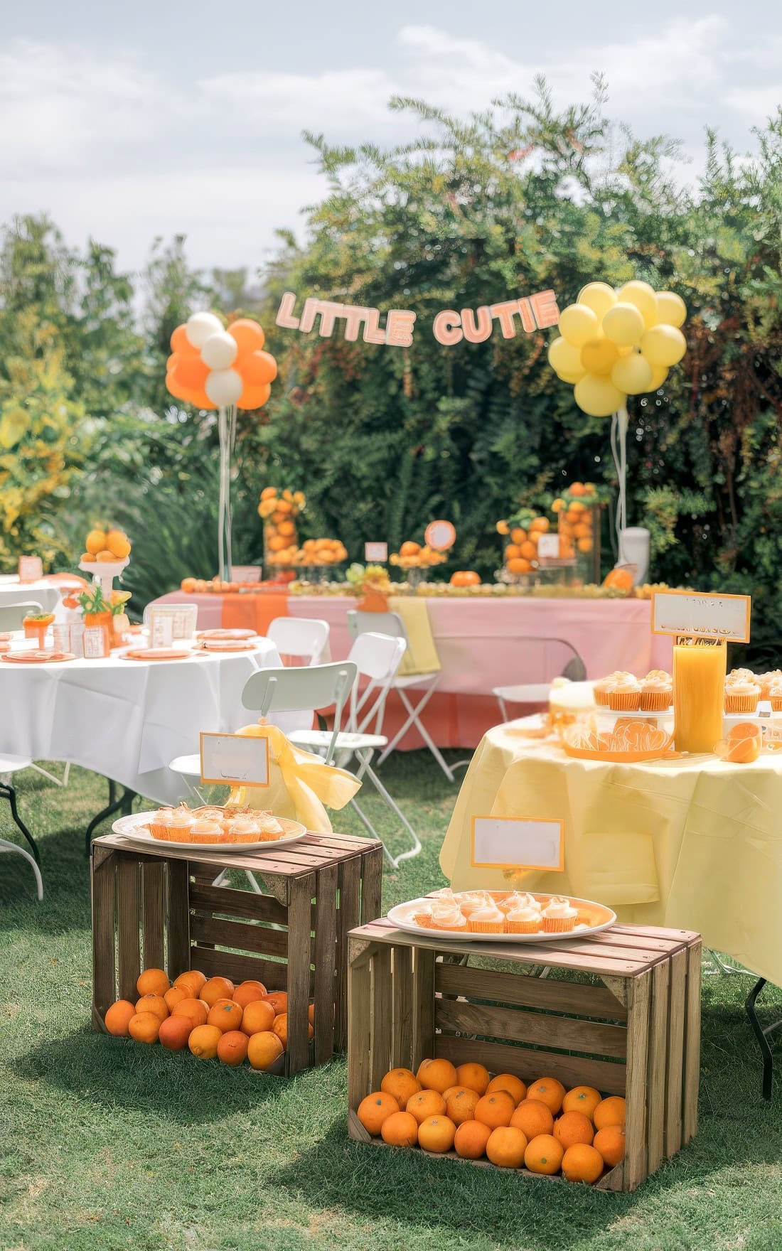 Outdoor party setup with an orange and yellow theme perfect for little cutie baby shower ideas. A "Little Cutie" banner hangs above tables adorned with oranges, drinks, balloons, and decorations. Crates filled with citrus-themed decor rest on green grass under a clear sky.