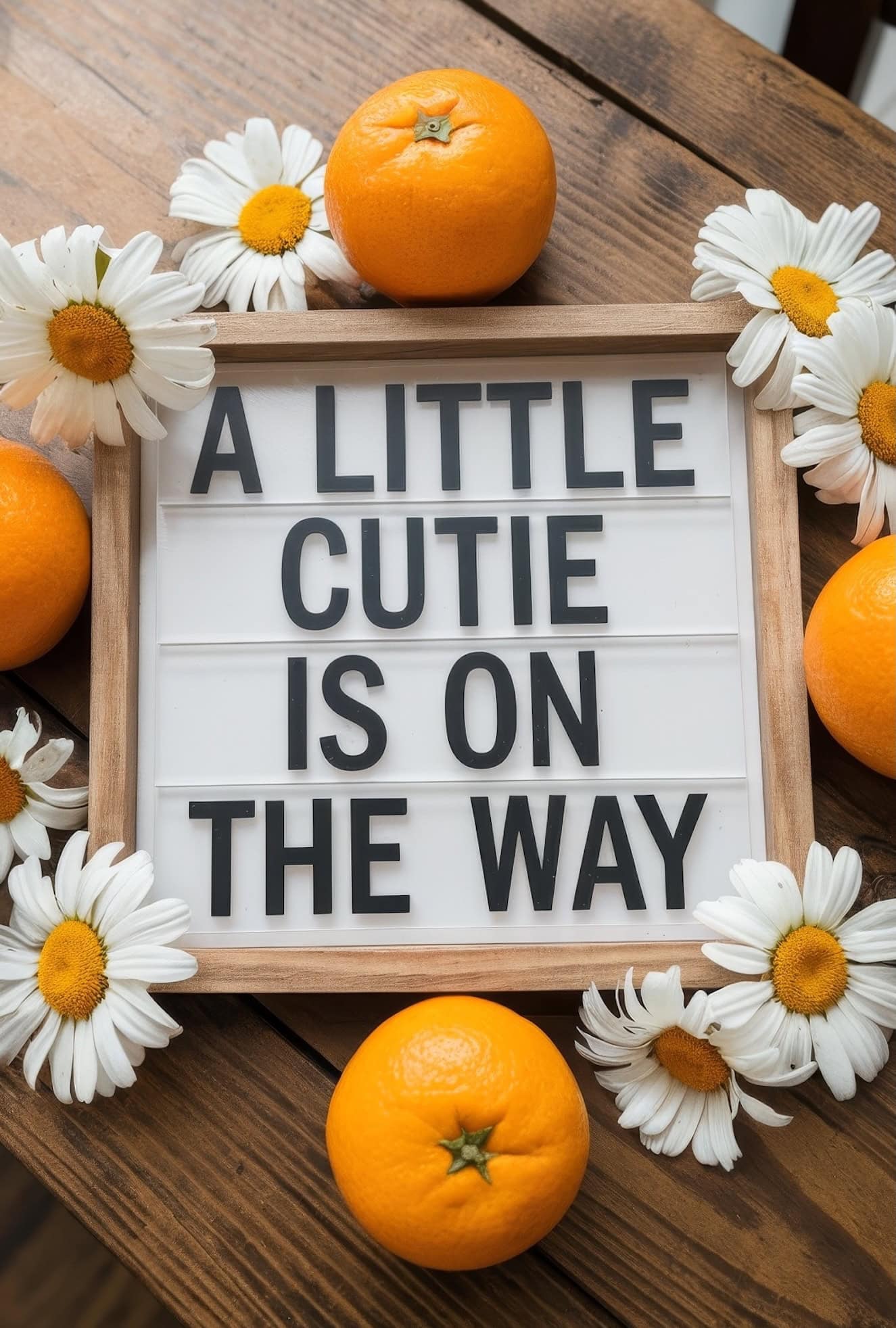 A letter board on a wooden table reads "A little cutie is on the way," surrounded by oranges and white daisies, making it a perfect little cutie baby shower idea.