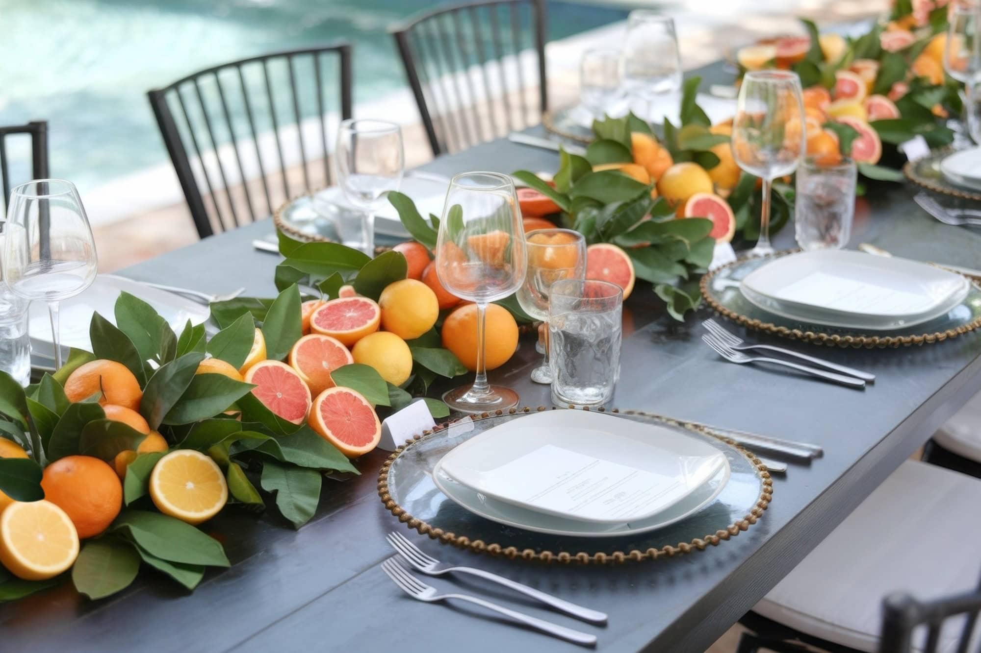 A long dining table, perfect for little cutie baby shower ideas, is adorned with a lush arrangement of citrus fruits and leaves, featuring oranges, lemons, and grapefruits. The table is invitingly set with plates, cutlery, and glasses, ideally positioned next to a sparkling pool.