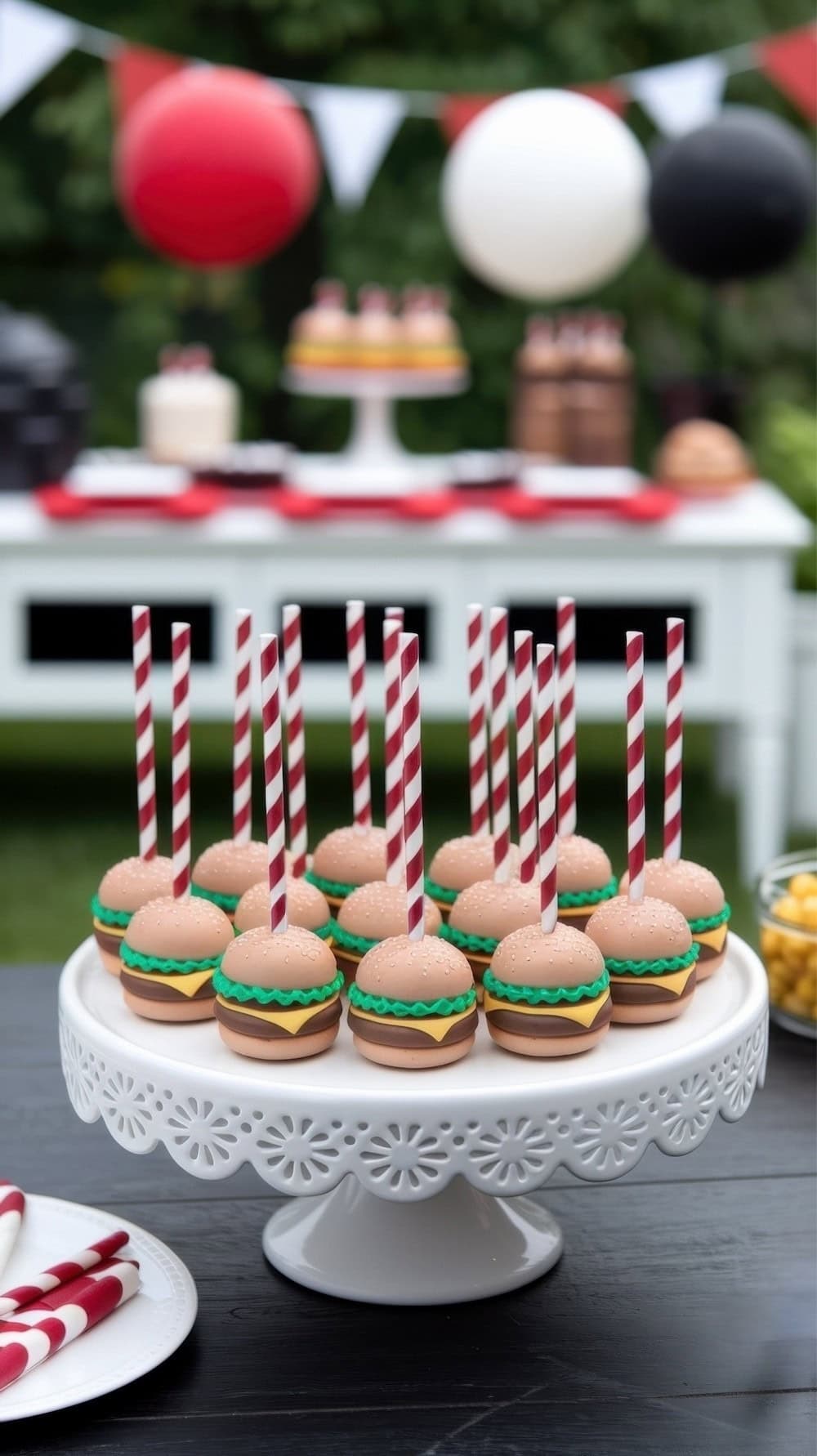 BBQ-themed cake pops, crafted to resemble mini burgers, are artfully arranged on a white cake stand. Each pop is adorned with a red and white striped straw. In the background, a baby shower table brims with treats, complemented by black, white, and red balloons for a festive touch at a barbecue themed baby shower