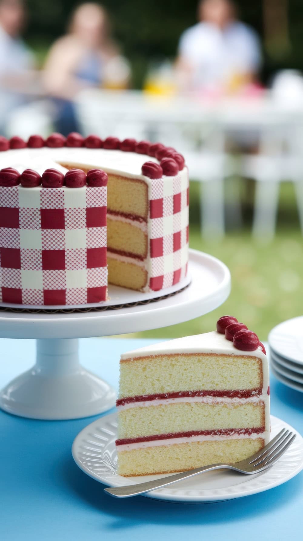 A layered cake with a red and white checkered pattern sits elegantly on a white cake stand, reminiscent of a festive BBQ for a baby shower. One slice is served on a plate with a fork, ready to delight. In the blurred background, guests enjoy the outdoor baby shower ambiance.
