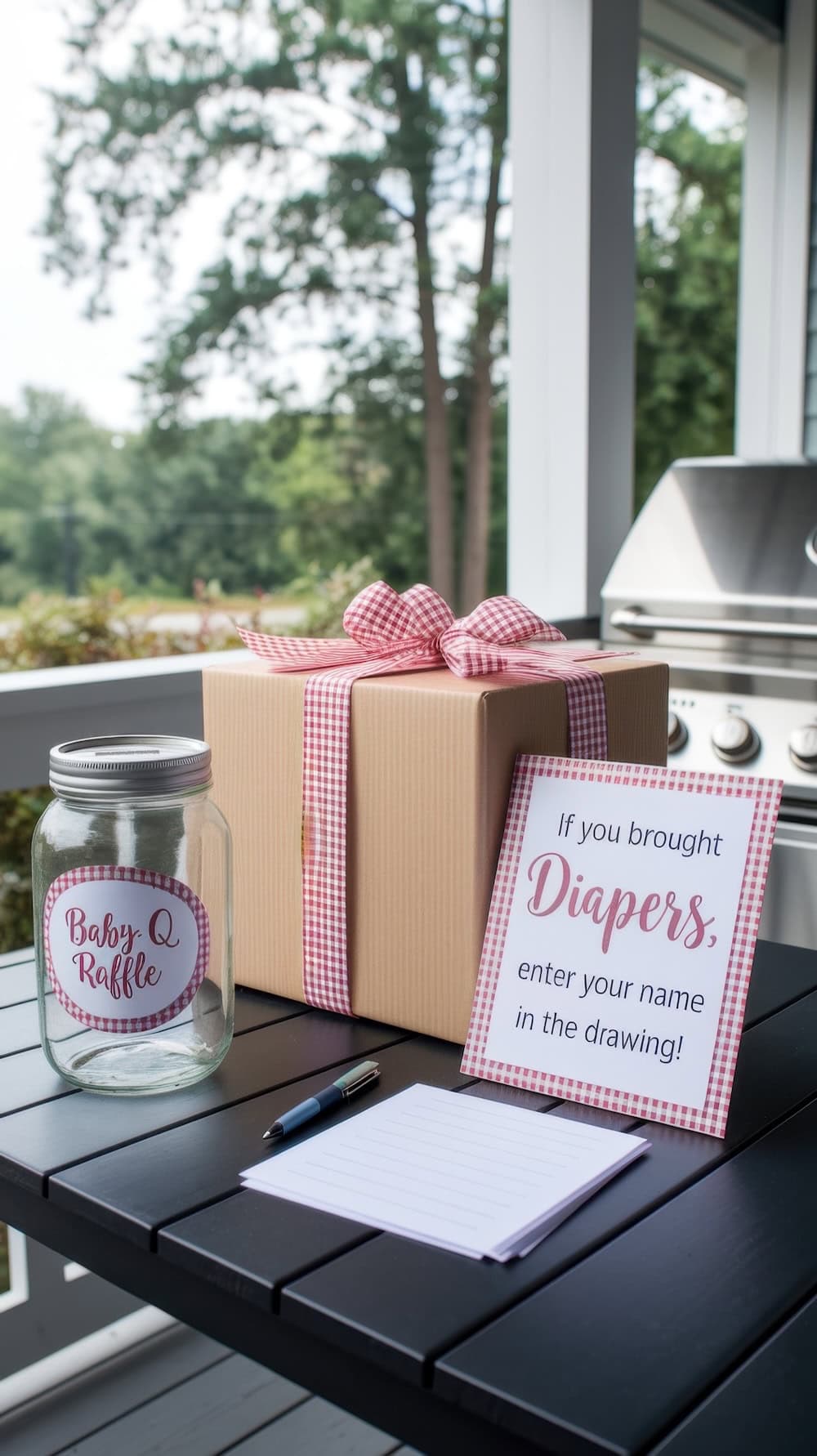A table on a porch showcases a jar marked "Baby-Q Raffle" at the BBQ baby shower. A gift wrapped with pink checkered ribbon and a sign invites diaper-bringers to enter their names. Nearby, a pen and notepad await entries, while trees and a grill set the perfect backdrop.