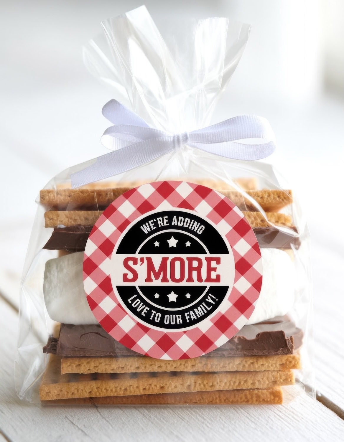 A clear plastic bag with a white ribbon contains graham crackers, chocolate, and a marshmallow, forming a s'more. A label says "We're adding s'more love to our family," perfect for a BBQ baby shower with its charming gingham pattern.
