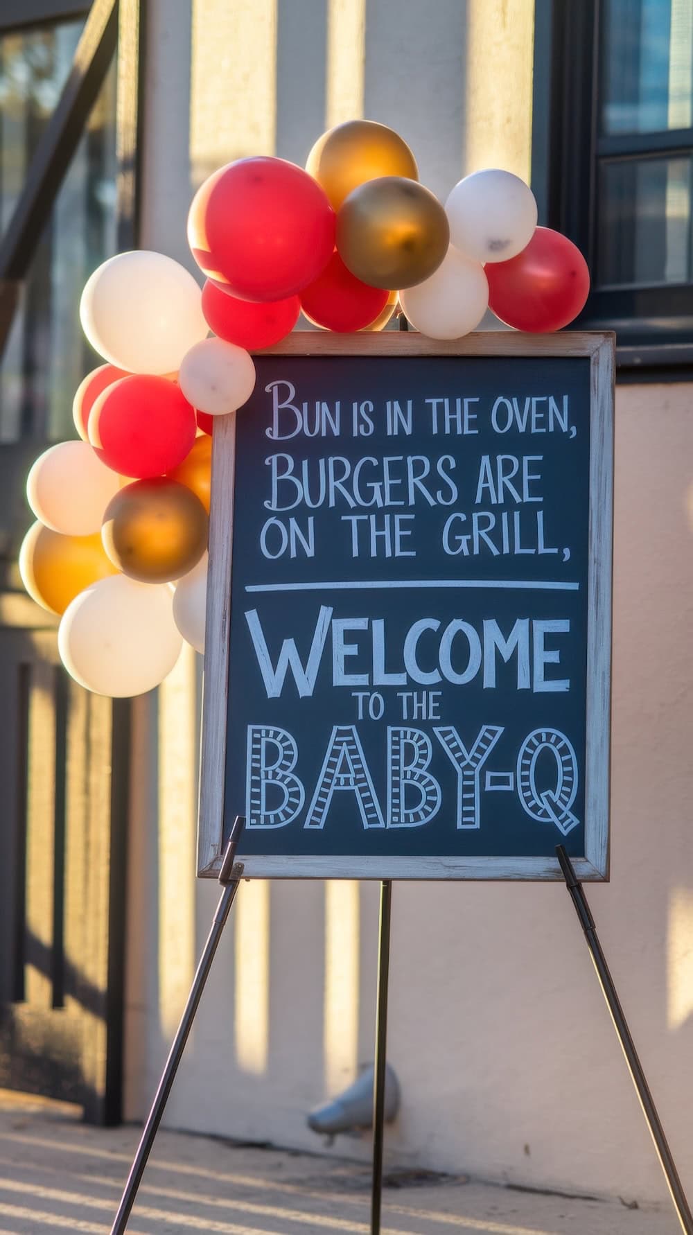 A chalkboard sign adorned with red, gold, and white balloons reads, "Bun is in the oven, burgers are on the grill—welcome to the BBQ baby shower." It's charmingly displayed on an easel outside a building.